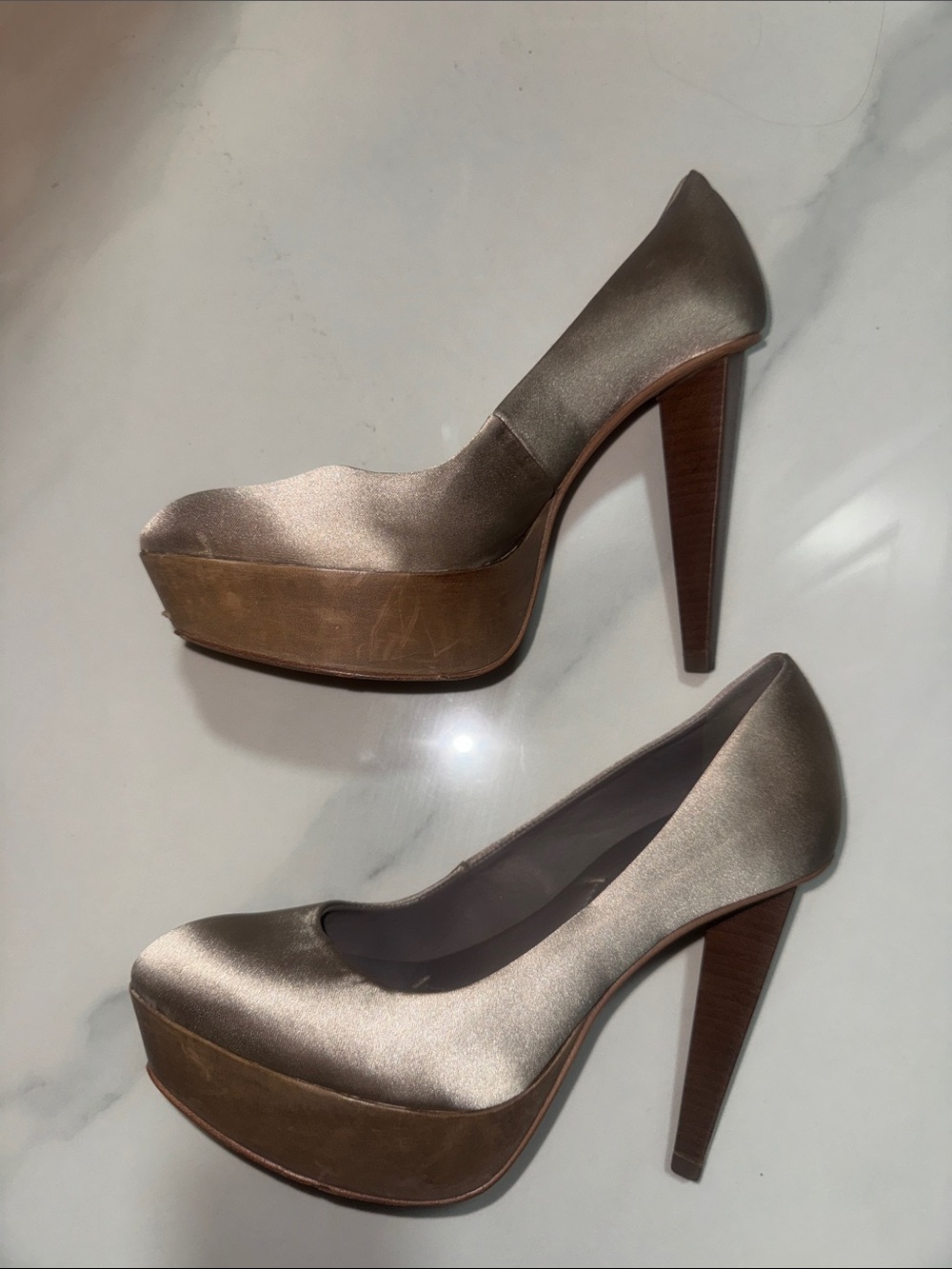 BCBGMaxAzria Champagne Satin Platform Pumps